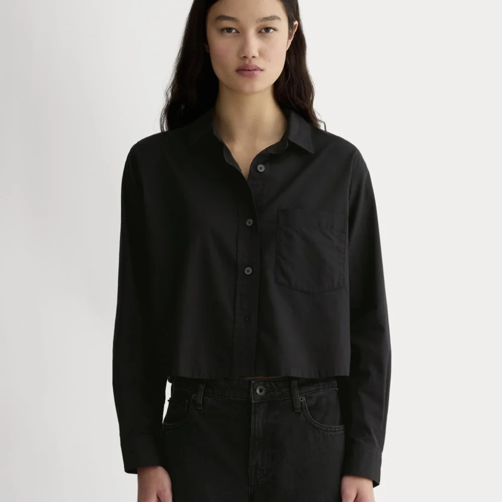 Everlane Shirt Womens Black Button Up The Silky Cotton Way Short Crop NEW